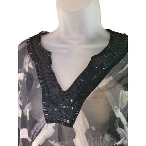 Chico's Women Blk/White Dolman Sleeve Sheer Silk Blouse Sequin Sz 1